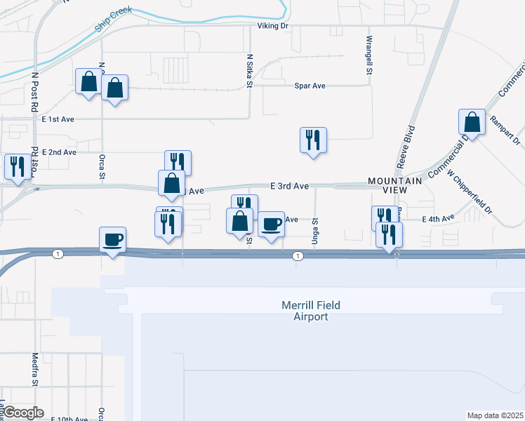 map of restaurants, bars, coffee shops, grocery stores, and more near 1900 East 3rd Avenue in Anchorage