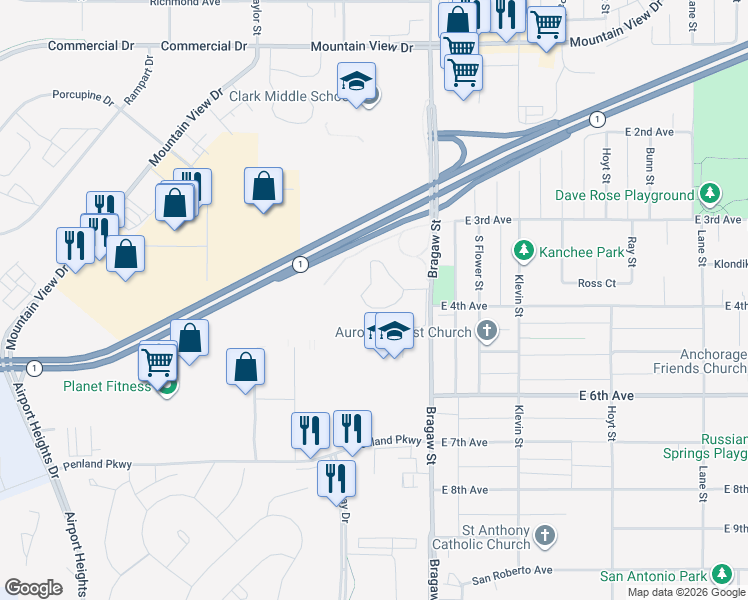 map of restaurants, bars, coffee shops, grocery stores, and more near 360 Bragaw Street in Anchorage