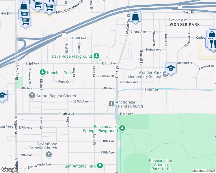 map of restaurants, bars, coffee shops, grocery stores, and more near 4611 East 4th Avenue in Anchorage