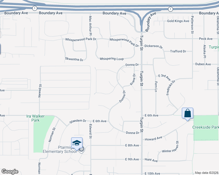 map of restaurants, bars, coffee shops, grocery stores, and more near 6431 Peppertree Circle in Anchorage