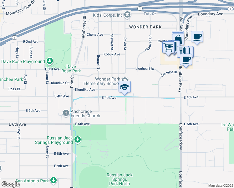 map of restaurants, bars, coffee shops, grocery stores, and more near 5001 Klondike Avenue in Anchorage