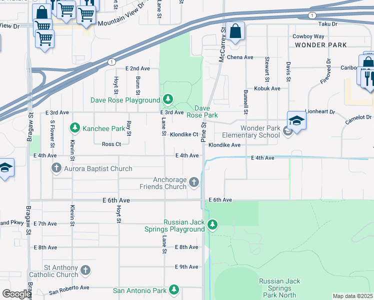 map of restaurants, bars, coffee shops, grocery stores, and more near 4618 Klondike Court in Anchorage
