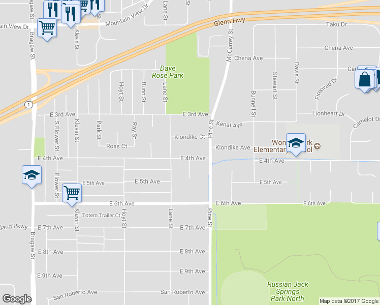 map of restaurants, bars, coffee shops, grocery stores, and more near 4618 Klondike Court in Anchorage