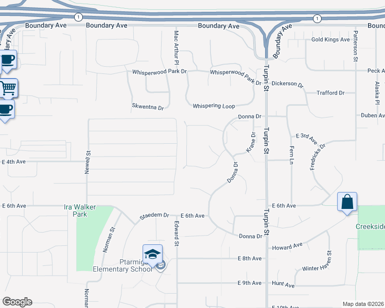 map of restaurants, bars, coffee shops, grocery stores, and more near 6410 Peppertree Circle in Anchorage