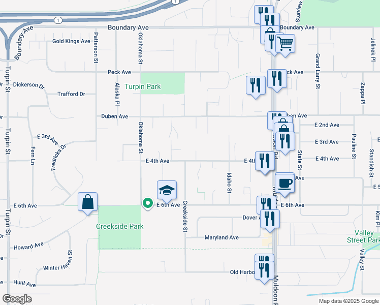 map of restaurants, bars, coffee shops, grocery stores, and more near 300 Beulah Circle in Anchorage
