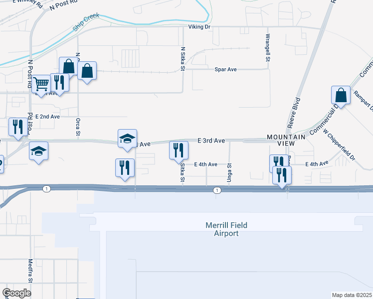 map of restaurants, bars, coffee shops, grocery stores, and more near 1900 East 3rd Avenue in Anchorage
