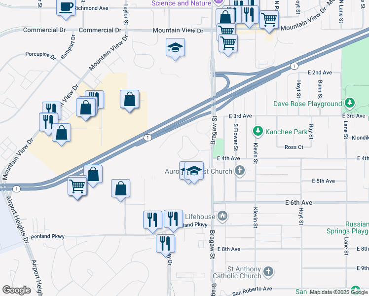 map of restaurants, bars, coffee shops, grocery stores, and more near 330 Bragaw Street in Anchorage