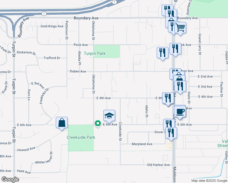 map of restaurants, bars, coffee shops, grocery stores, and more near 336 Pamela Place in Anchorage