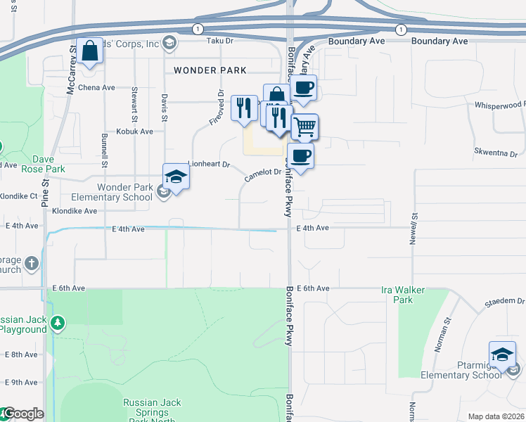 map of restaurants, bars, coffee shops, grocery stores, and more near 5457 Lancelot Circle in Anchorage
