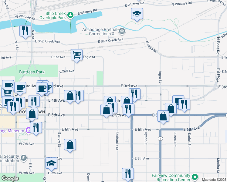 map of restaurants, bars, coffee shops, grocery stores, and more near 522 East 3rd Avenue in Anchorage