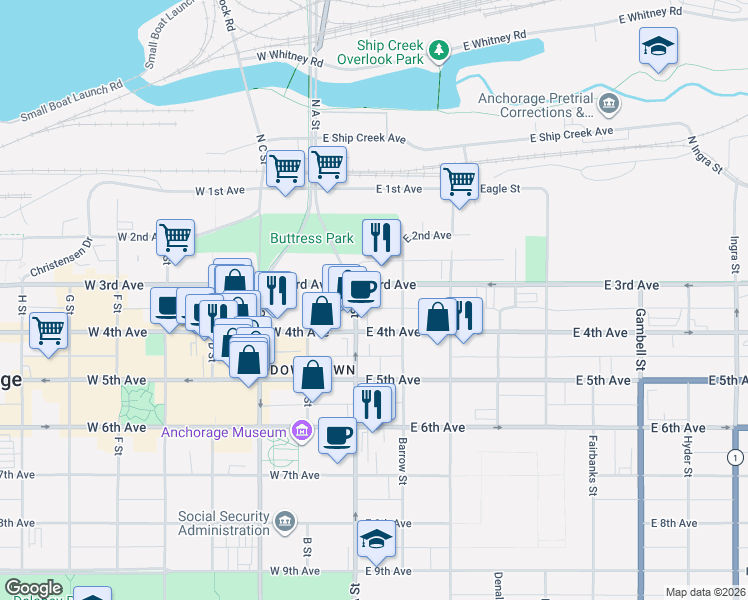 map of restaurants, bars, coffee shops, grocery stores, and more near 124 East 3rd Avenue in Anchorage