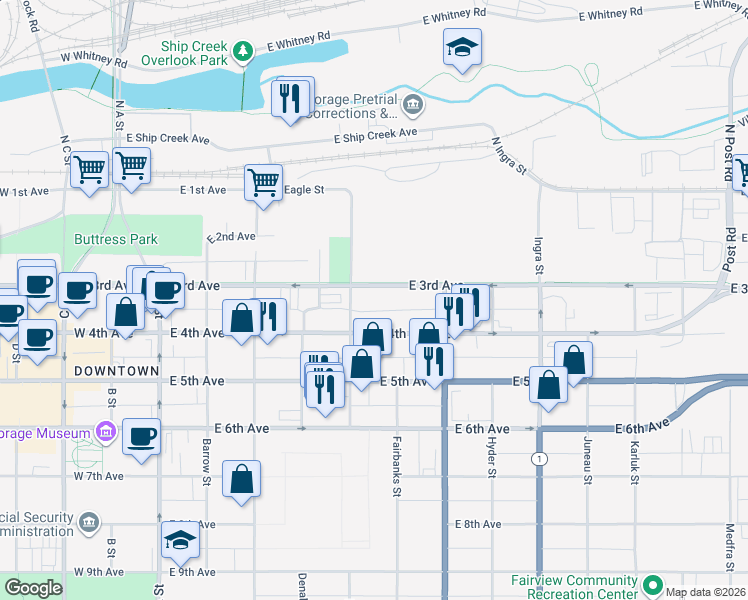map of restaurants, bars, coffee shops, grocery stores, and more near 522 East 3rd Avenue in Anchorage