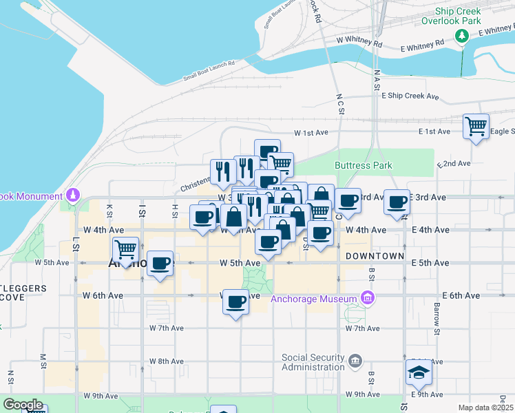 map of restaurants, bars, coffee shops, grocery stores, and more near 319 F Street in Anchorage
