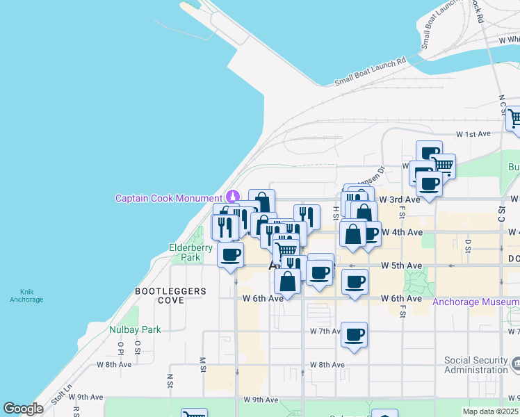 map of restaurants, bars, coffee shops, grocery stores, and more near 310 K Street in Anchorage