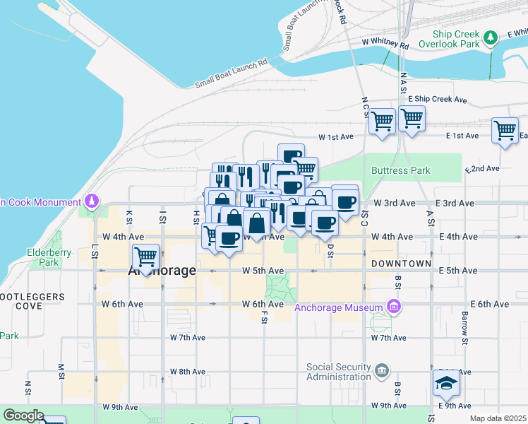 map of restaurants, bars, coffee shops, grocery stores, and more near 326 F Street in Anchorage