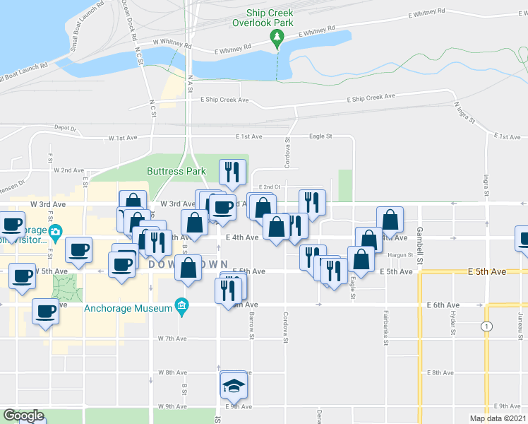 map of restaurants, bars, coffee shops, grocery stores, and more near 240 East 3rd Avenue in Anchorage