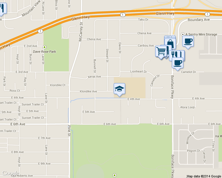 map of restaurants, bars, coffee shops, grocery stores, and more near 5001 Klondike Ave in Anchorage