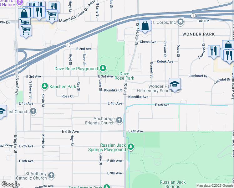 map of restaurants, bars, coffee shops, grocery stores, and more near 4618 Klondike Ct in Anchorage