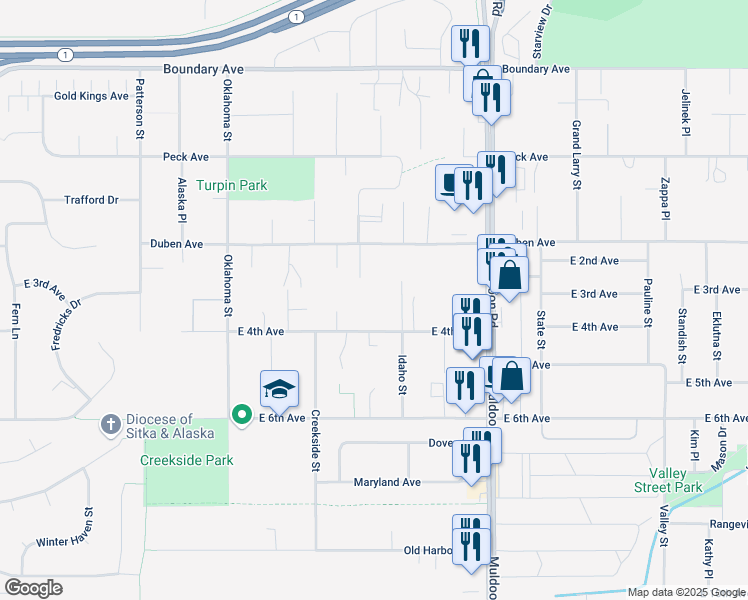 map of restaurants, bars, coffee shops, grocery stores, and more near 311 Beulah Circle in Anchorage