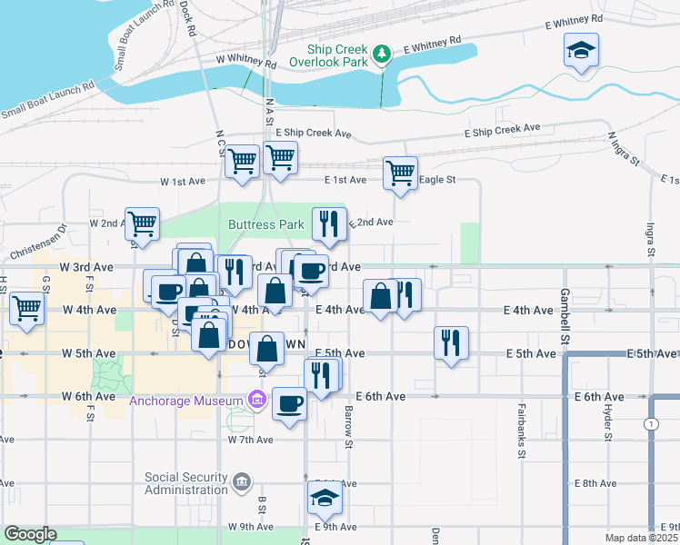 map of restaurants, bars, coffee shops, grocery stores, and more near 132 East 3rd Avenue in Anchorage