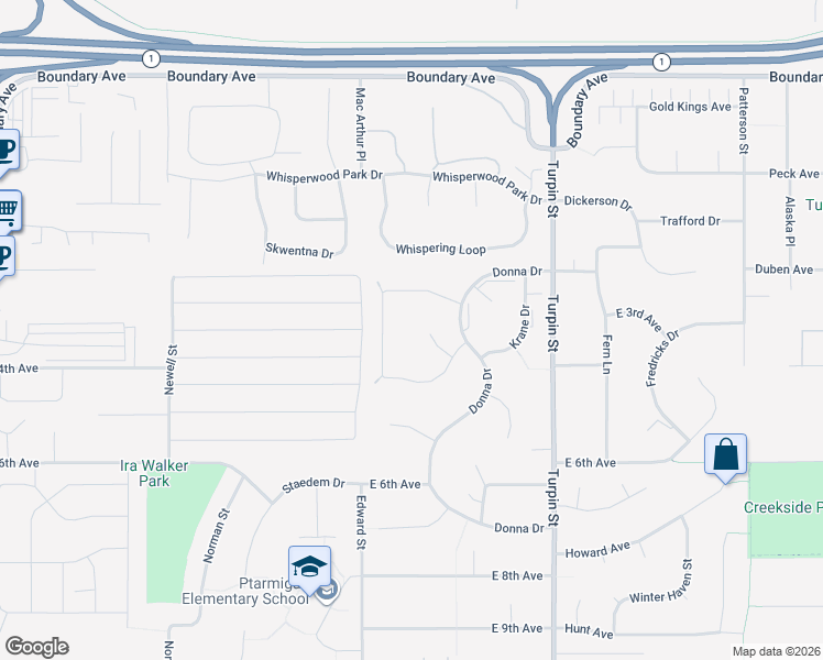 map of restaurants, bars, coffee shops, grocery stores, and more near 6410 Peppertree Circle in Anchorage