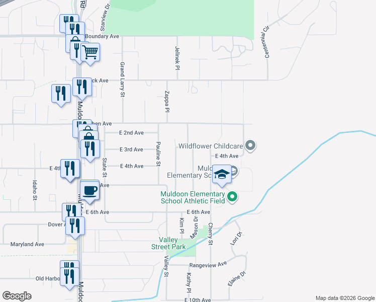 map of restaurants, bars, coffee shops, grocery stores, and more near 354 Eklutna Street in Anchorage
