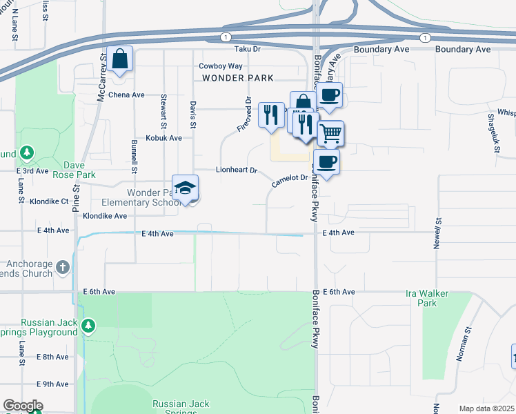 map of restaurants, bars, coffee shops, grocery stores, and more near 442 Camelot Drive in Anchorage