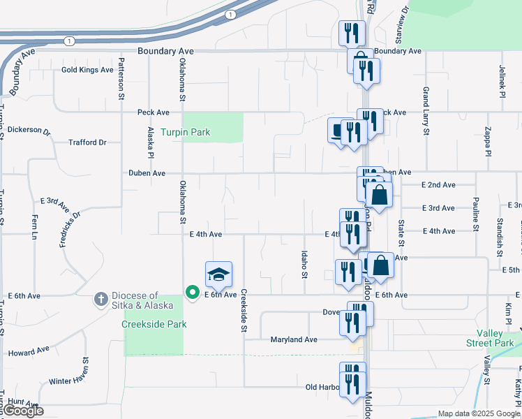 map of restaurants, bars, coffee shops, grocery stores, and more near 301 Beulah Circle in Anchorage