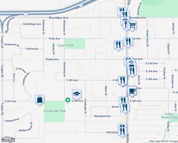 map of restaurants, bars, coffee shops, grocery stores, and more near 300 Beulah Circle in Anchorage