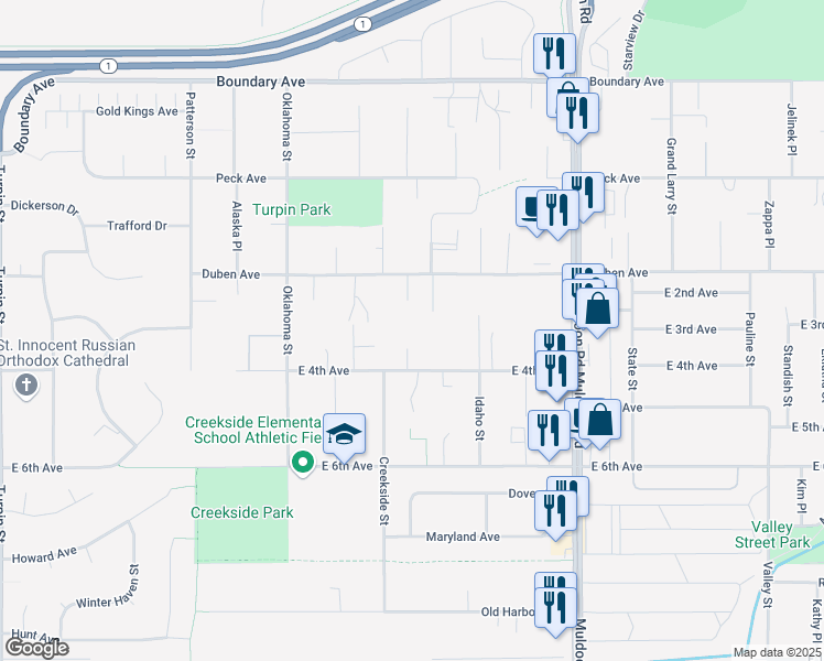 map of restaurants, bars, coffee shops, grocery stores, and more near 300 Beulah Circle in Anchorage