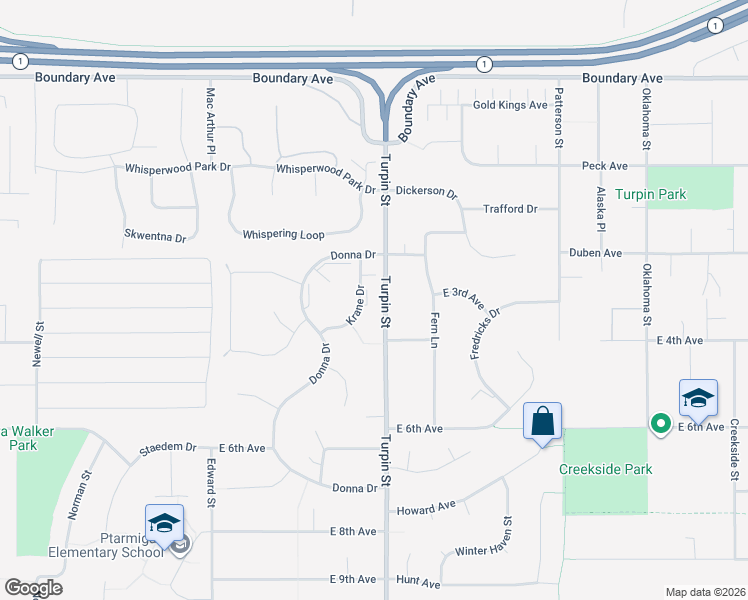 map of restaurants, bars, coffee shops, grocery stores, and more near 315 Krane Drive in Anchorage
