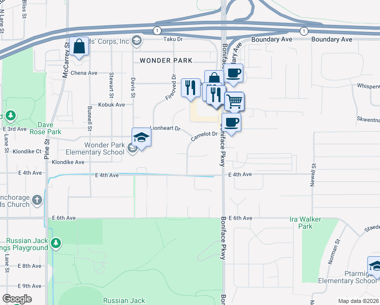map of restaurants, bars, coffee shops, grocery stores, and more near 429 Camelot Drive in Anchorage