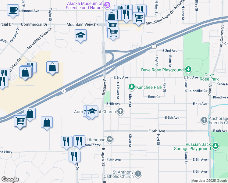 map of restaurants, bars, coffee shops, grocery stores, and more near 354 Flower Street in Anchorage
