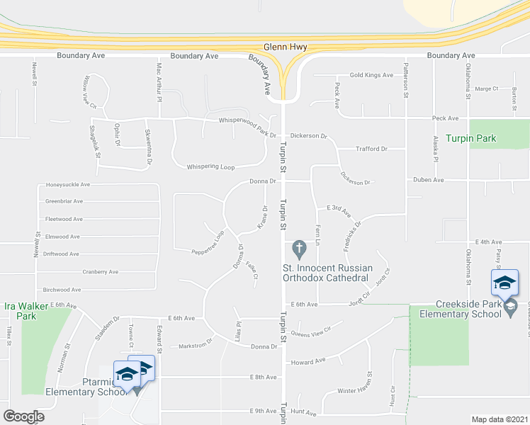 map of restaurants, bars, coffee shops, grocery stores, and more near 324 Krane Drive in Anchorage