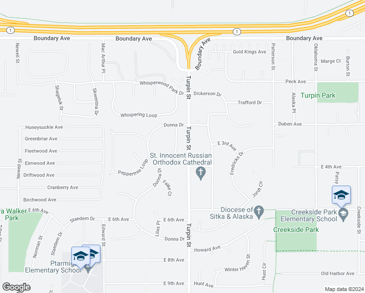 map of restaurants, bars, coffee shops, grocery stores, and more near 315 Krane Drive in Anchorage