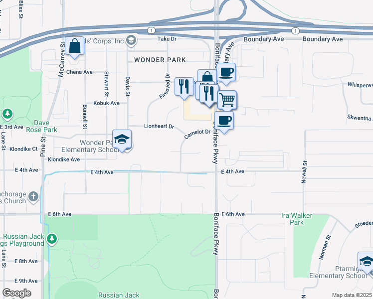 map of restaurants, bars, coffee shops, grocery stores, and more near 429 Camelot Drive in Anchorage
