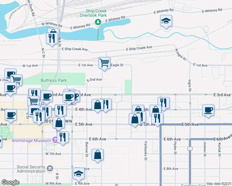 map of restaurants, bars, coffee shops, grocery stores, and more near 371 East 3rd Avenue in Anchorage