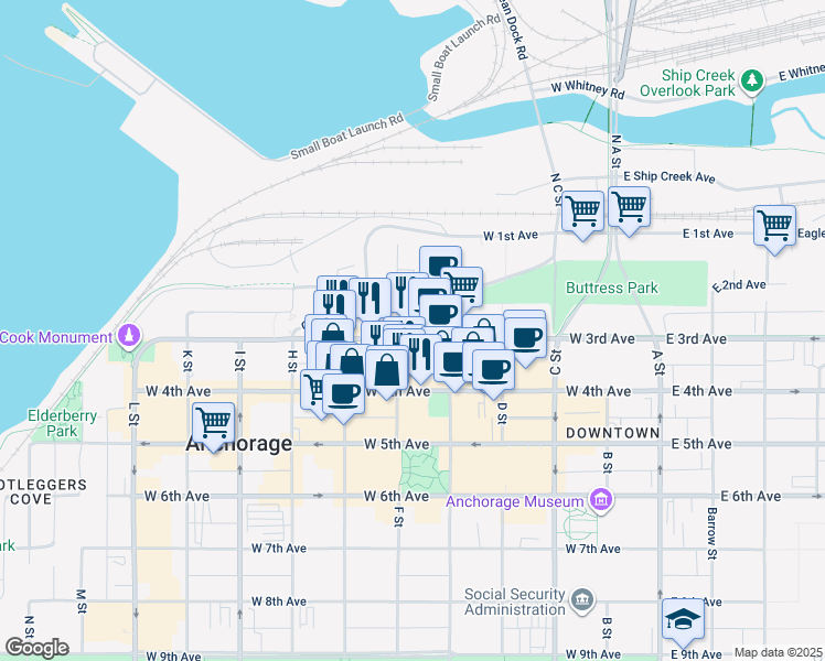 map of restaurants, bars, coffee shops, grocery stores, and more near 326 F Street in Anchorage