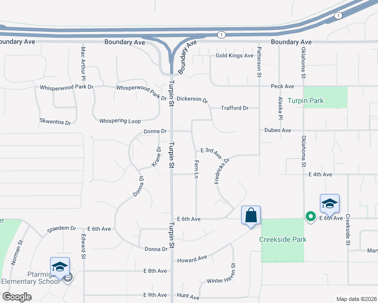 map of restaurants, bars, coffee shops, grocery stores, and more near 350 Fern Lane in Anchorage