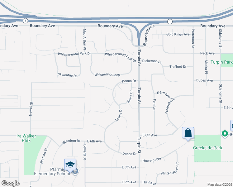map of restaurants, bars, coffee shops, grocery stores, and more near 344 Krane Drive in Anchorage