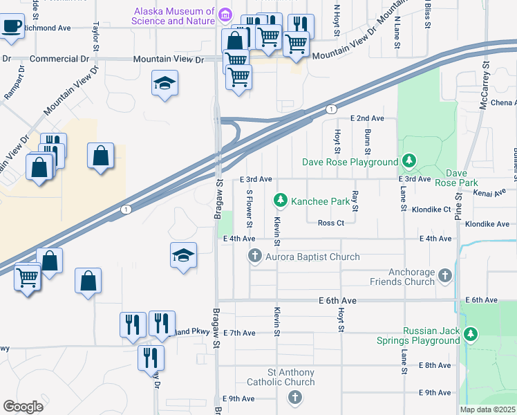 map of restaurants, bars, coffee shops, grocery stores, and more near 354 Flower Street in Anchorage