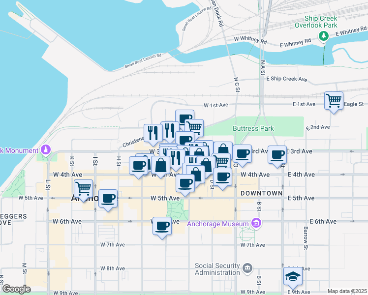 map of restaurants, bars, coffee shops, grocery stores, and more near 319 F Street in Anchorage
