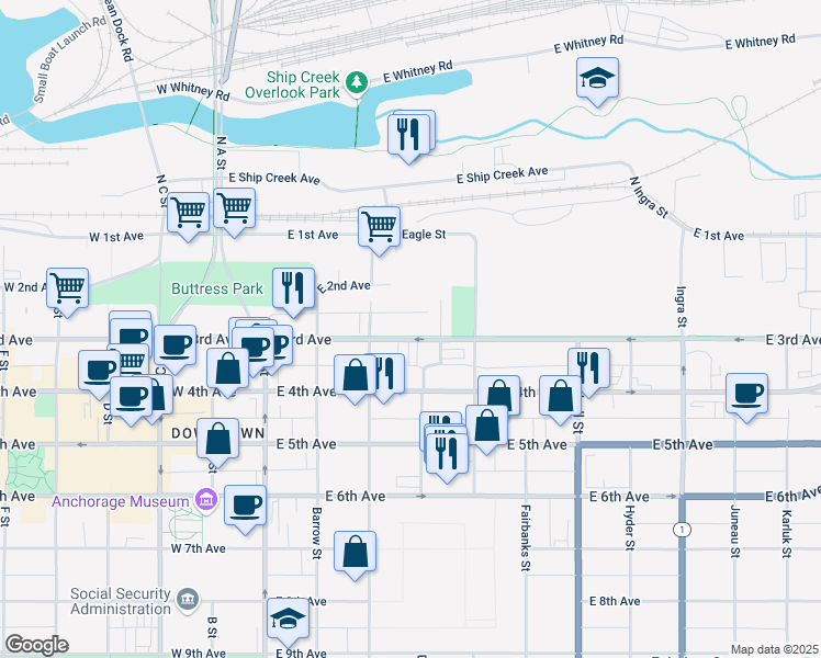 map of restaurants, bars, coffee shops, grocery stores, and more near 371 East 3rd Avenue in Anchorage