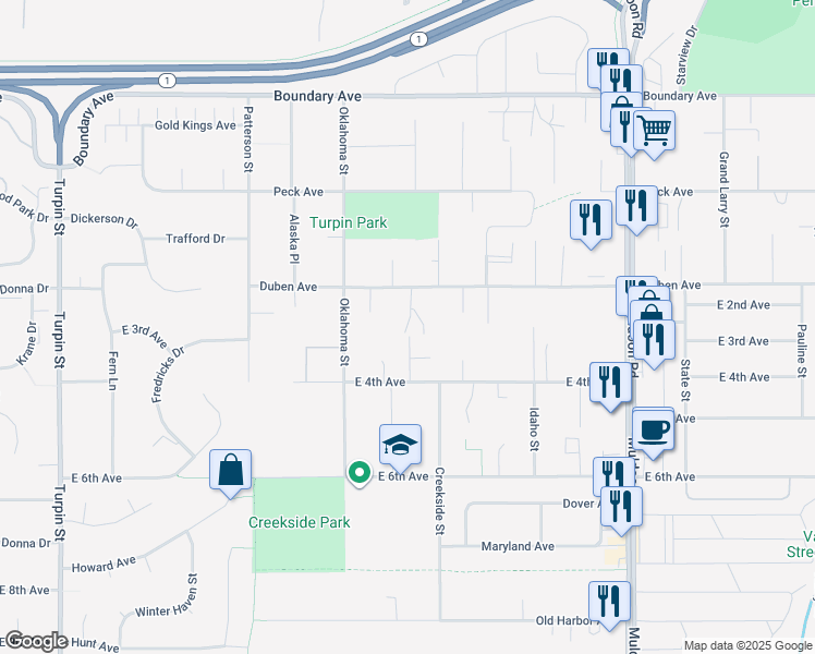 map of restaurants, bars, coffee shops, grocery stores, and more near 336 Pamela Place in Anchorage