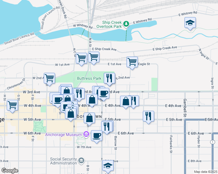 map of restaurants, bars, coffee shops, grocery stores, and more near 132 East 3rd Avenue in Anchorage