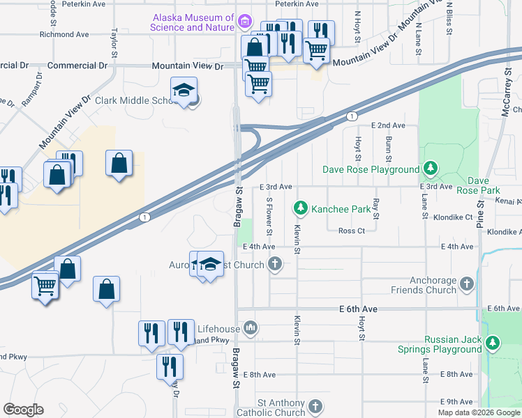 map of restaurants, bars, coffee shops, grocery stores, and more near 330 South Flower Street in Anchorage