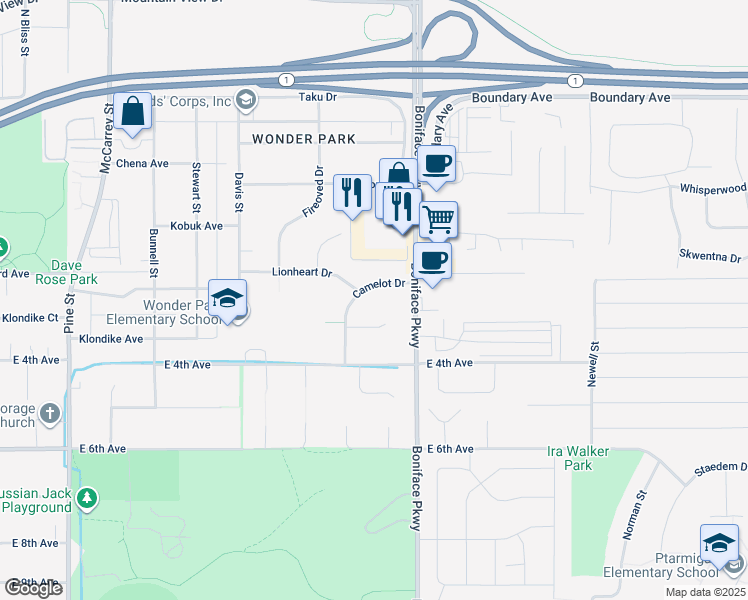 map of restaurants, bars, coffee shops, grocery stores, and more near 429 Camelot Drive in Anchorage