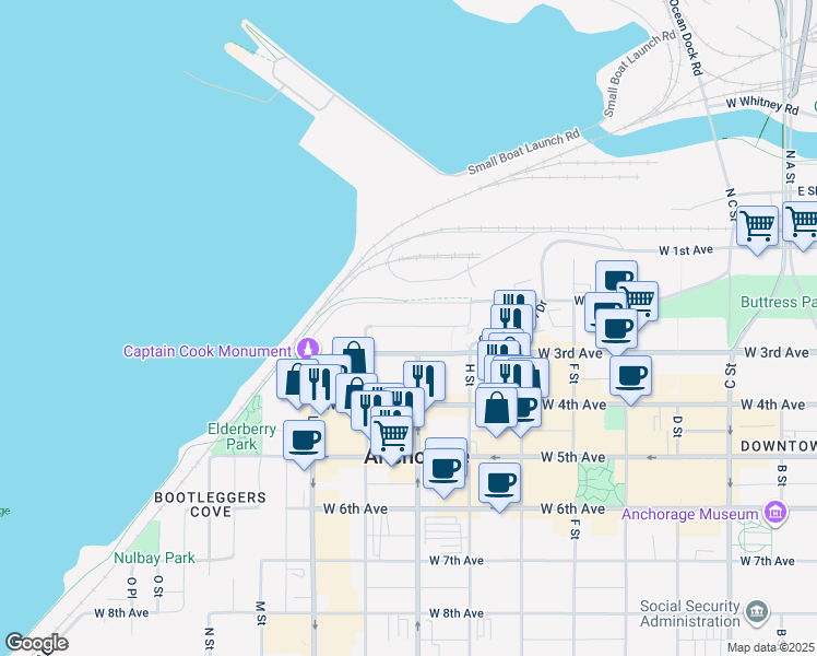 map of restaurants, bars, coffee shops, grocery stores, and more near in Anchorage