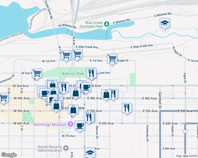 map of restaurants, bars, coffee shops, grocery stores, and more near 201 Barrow Street in Anchorage