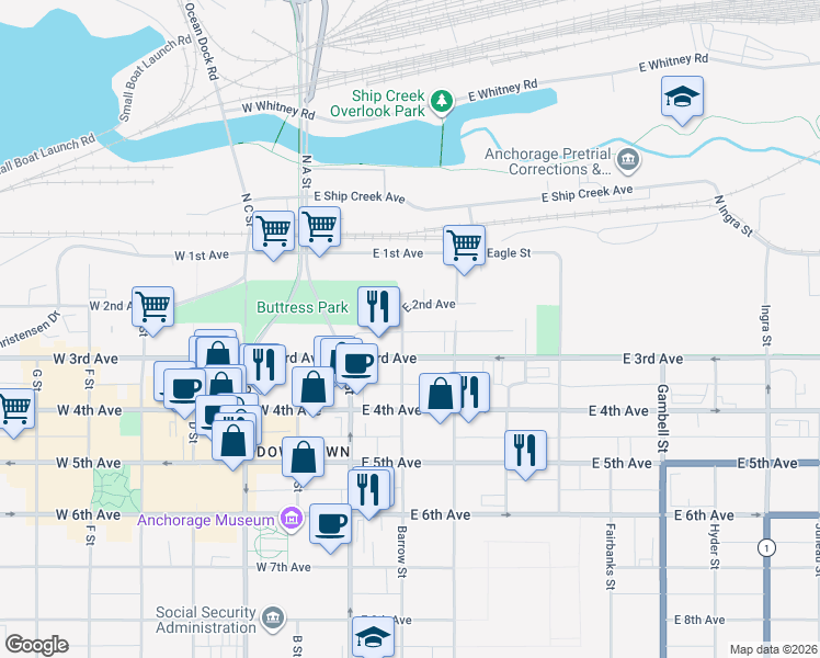 map of restaurants, bars, coffee shops, grocery stores, and more near 132 East 3rd Avenue in Anchorage